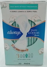Always Pure Cotton Feminine Pads Size 3 Extra Heavy Flow with Wings