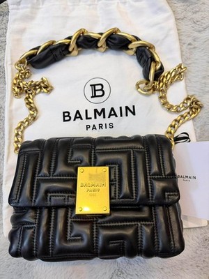 AUTHENTIC Balmain 1945 Soft Small Quilted Black Leather Shoulder Bag Gold Chain 