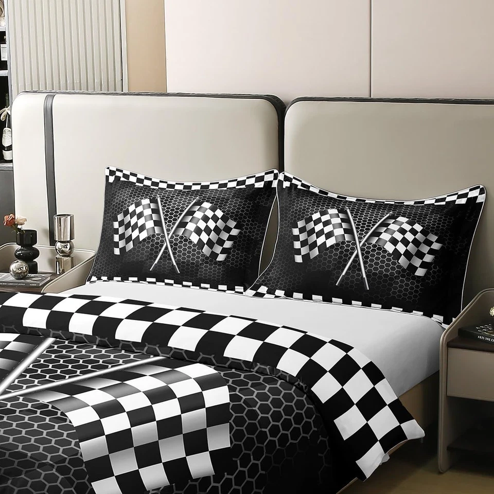 Juego de cama bandera a cuadros 100 % algodón negro blanco coche de carreras deportes extremos... Foto 4 de 4