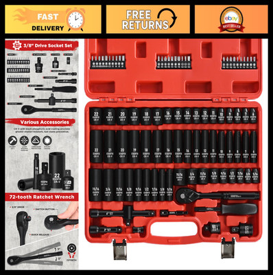 90-Piece 3/8'' Drive Impact Socket Set, Metric & SAE Sizes, 6-Point, 72-Tooth Rat