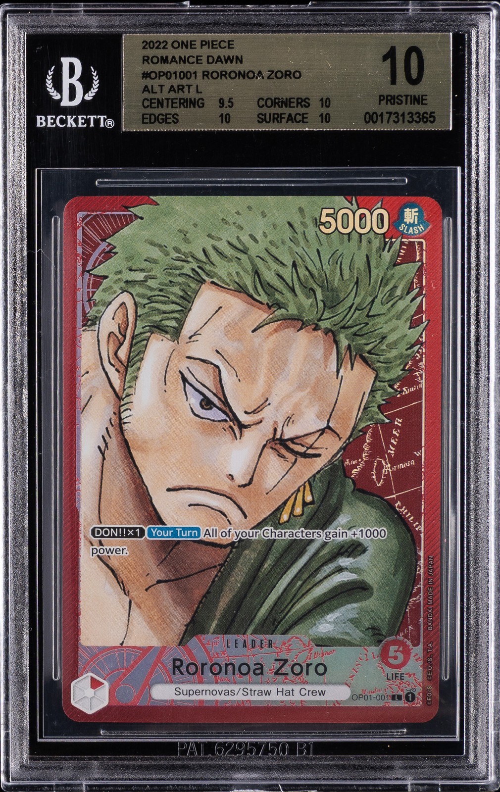 2022 ONE PIECE ROMANCE DAWN - ALT ART L #OP01001 RORONOA ZORO BGS 10
