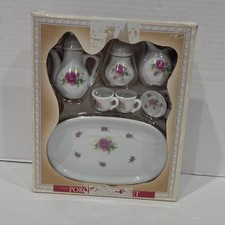 Greenbrier International Porcelain Tea Set 8 Piece Pink Rose Floral White Mini