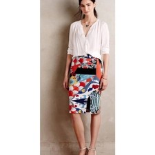 Maeve Anthropologie Tearoom Knit Midi Pencil Skirt XS Graphic Floral Boho Chic