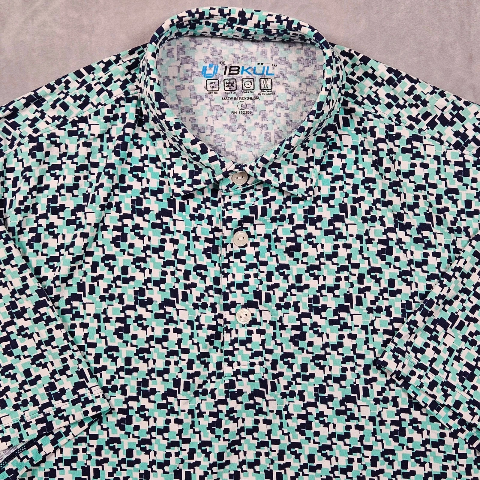 IBKUL Polo Shirt Mens Large Blue Geometric UPF 50+ Quick Dry Performance Golf