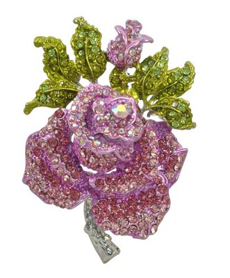 Women's Austrian Crystal Blooming Pink Rose Beautiful Flower Brooch
