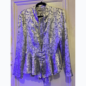 Vintage 80s La Belle Metallic Silver Floral Jacquard Peplum Jacket / Blouse