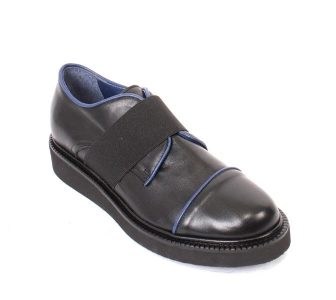 Isabelle 292a Black Blue Leather Elastic Platform Wedge Shoes 40.5 / US 10.5