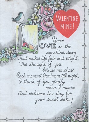 VALENTINE MINE! in white on red heart, perforation above verse, blue bird, Tuck