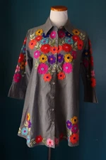 Pong Poco Ltd Shirt Boxy Grey Embroidered Colorful Floral Hippie Boho Button Up