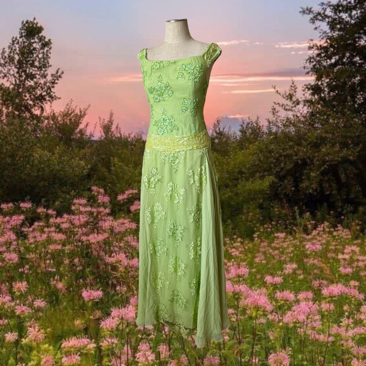 Vintage 90s Handmade Sparkly Pastel Green Floral Fairy Maxi Pr m Dress Gown Sz S