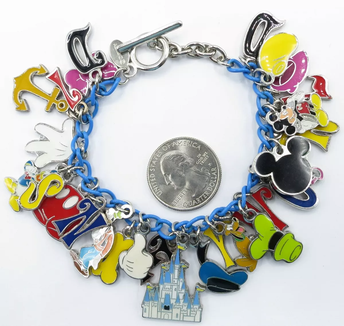 Disney World Silvertone And Blue Chain Charm Bracelet 8 Inches