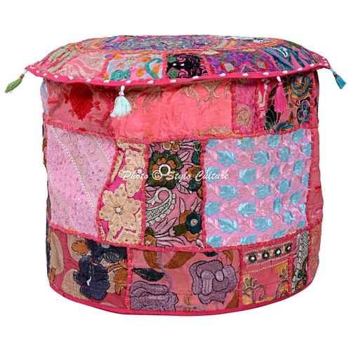 Vintage Patchwork Ottoman Pouf Embroidered Cotton Footstool Bed Room Decor - Picture 2 of 5