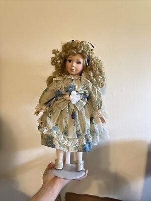 Vintage Porcelain Doll With Blue Flowery Lacy Dress
