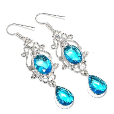Swiss Blue Topaz  Gemstone Handmade 925 Sterling Silver Jewelry Earring Size 2''