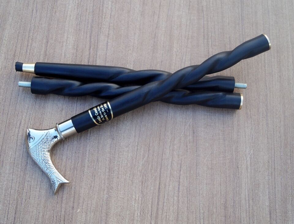 Solid Brass Handle Walking Stick Silver Fish Hand… - image 3