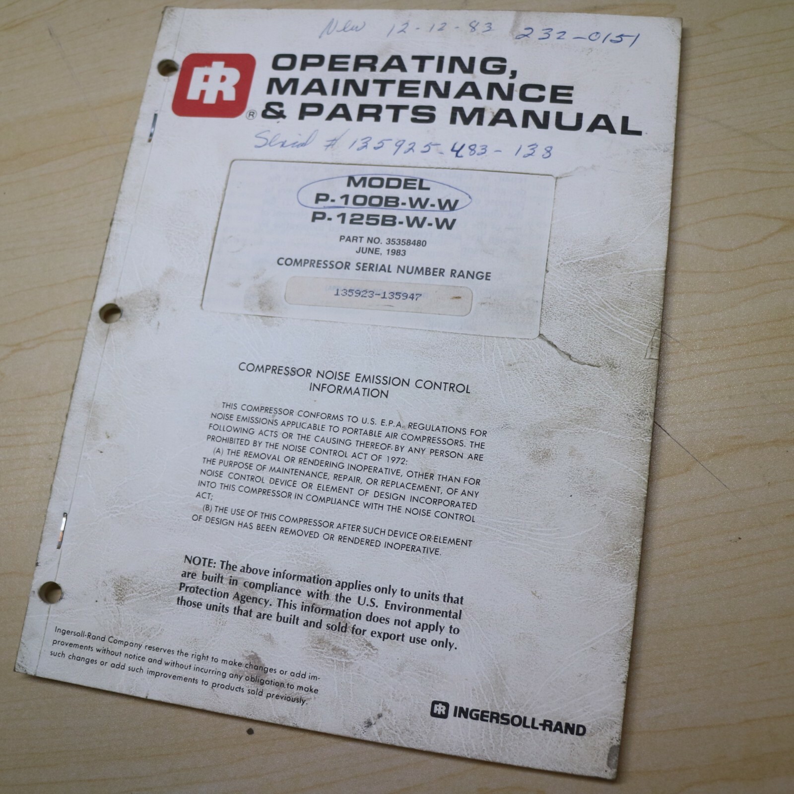 IR Ingersoll Rand P-100B 125B W w COMPRESSOR Owner Operator Maintenance Manual Popularne duże okazje