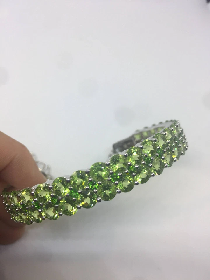 Brazalete Brazalete Vintage Hecho a Mano Genuino Peridoto Rodio Acabado Plata Esterlina Foto 3 de 4