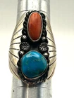 Vintage Hand Stamped Signed Turquoise Coral Silver Ring Size 8.5 Signed RP