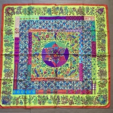 Hermes scarf silk Carre 90cm 35” Floral Birds Yellow Pink Blue Green Orange