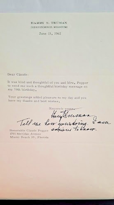 #ad Rare. Harry Truman TLS June 13 1962 To Claude Pepper. Handwritten postscript $315.00