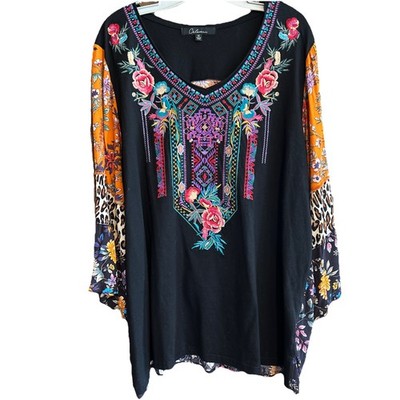 Calessa Embroidered Patchwork Sleeves Top Womens Size 1XL Boho NWT $79