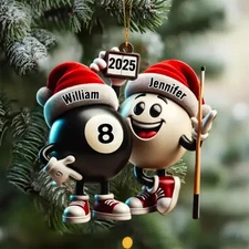 Personalized 2D FLAT Acrylic Pool Ornament, Custom Name 8 Ball & Cue Ball Christ