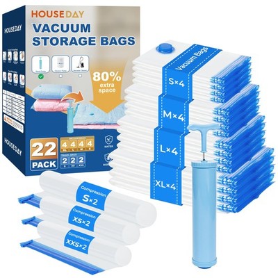 HOUSE DAY 22 Pack Vacuum Storage Bags with Pump,Space 22 Pack, Hand Pump 