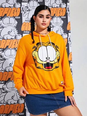 New GARFIELD Logo DRAWSTRING Hoodie ORANGE Sweatshirt Shirt Top