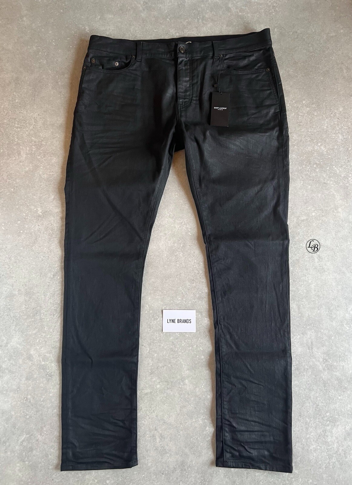 Jeans Saint Laurent denim rivestito nero vestibilità skinny taglia W38 prezzo consigliato £ 525