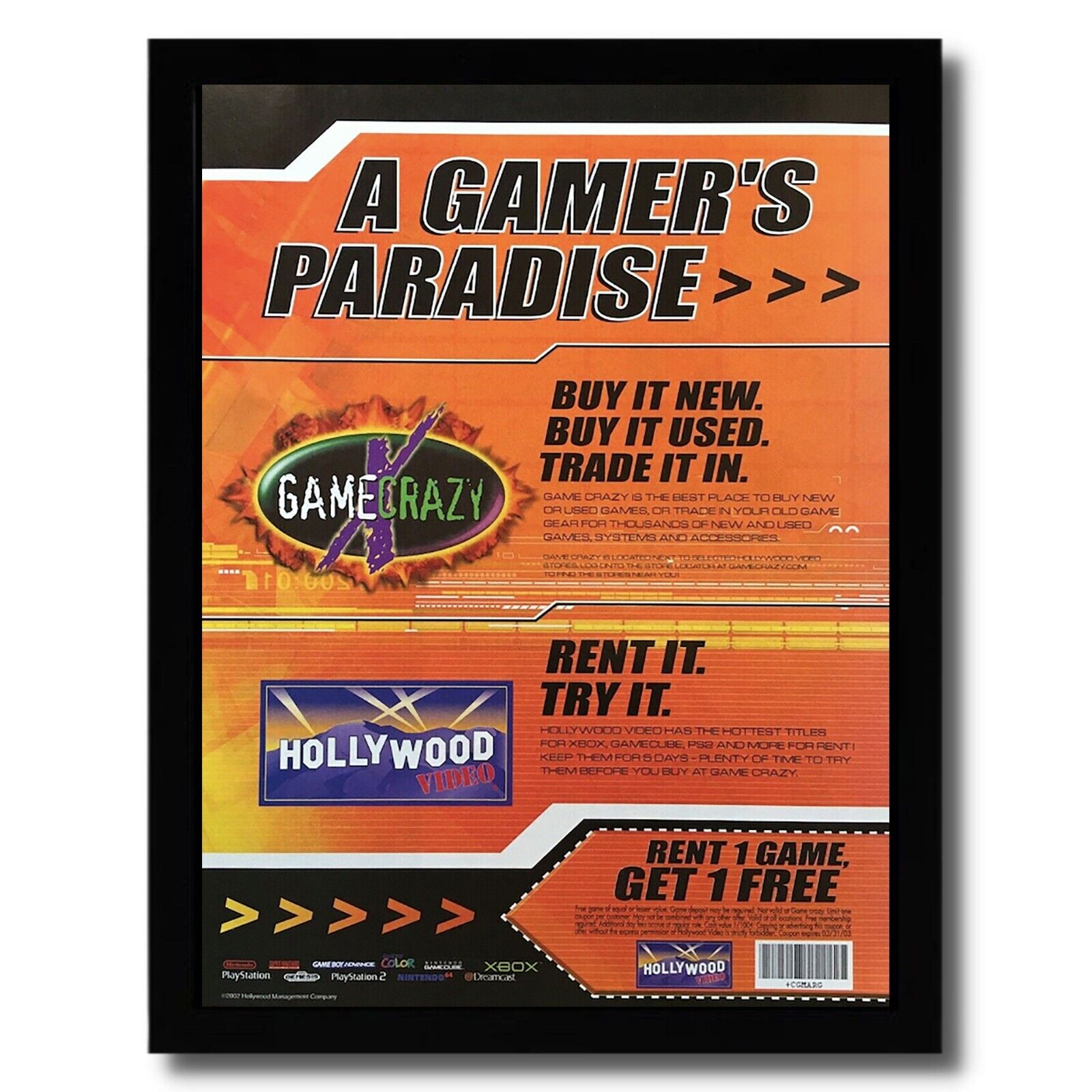 2002 GAME CRAZY / HOLLYWOOD VIDEO Framed Print Ad/Poster Video Game Rentals  Art!