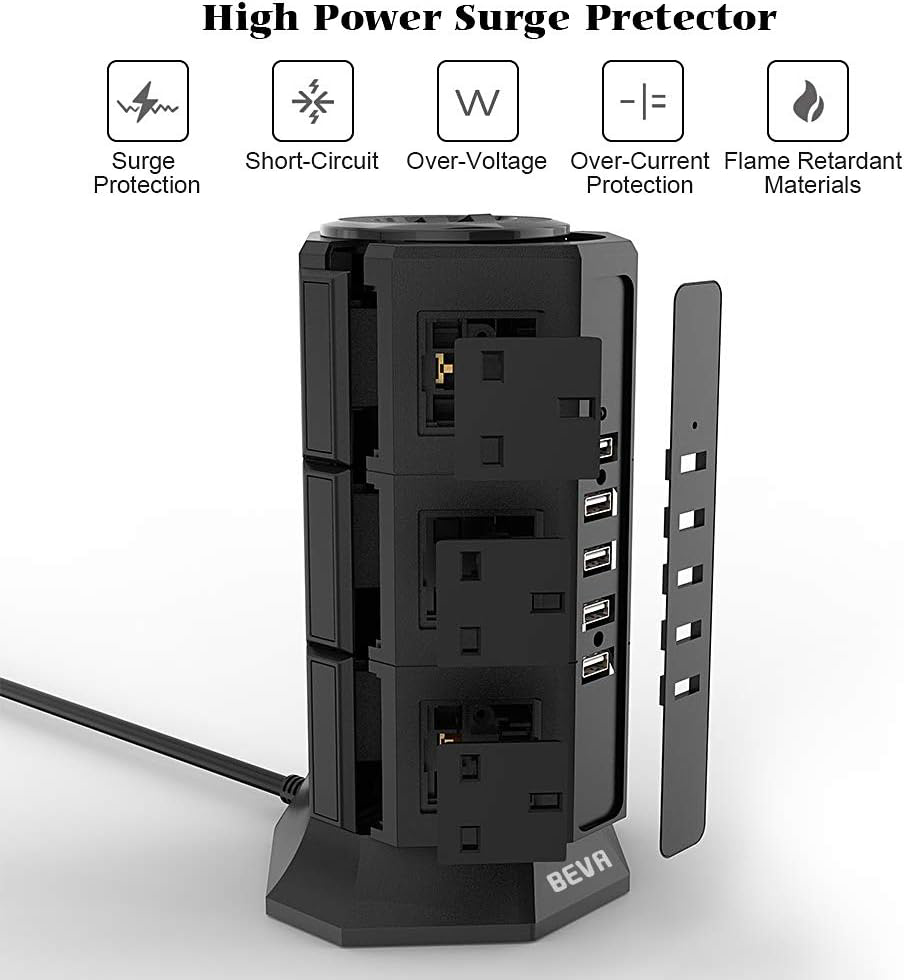 Tower Extension Lead, BEVA Multi Plug Socket 12 Way Outlet Surge