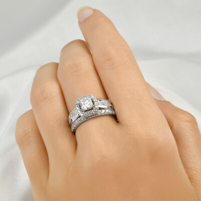 Womens 1.50 Carat CT Round Cut Wedding Band Engagement Ring Set Silver Size 5-9