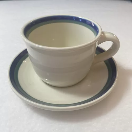 Pfaltzgraff Northwinds Coffee Tea Cup Blue Green Stripe Mug 6” Saucer USA 8 oz