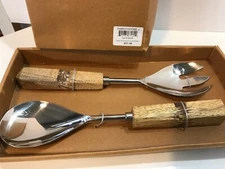 Thirstystone Wood/Glass Silver Spoon Fork Salad Serving Set ...……g3