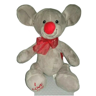 NEN I Love You GREY MOUSE Velour Soft 11'' Plush Big Red Nose Red Bow Chest Heart