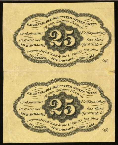 UNCUT PAIR 1862 FIRST ISSUE 25c Fractional Currency FR 1281 Civil War, PMG AU 50 - Image 4 of 4