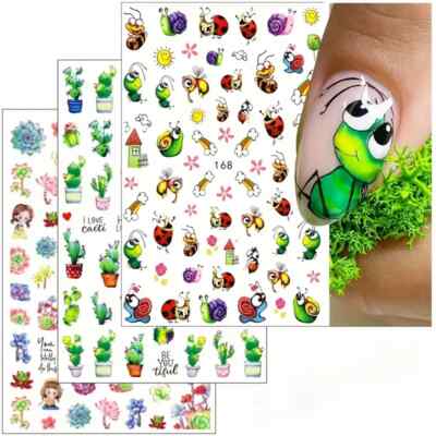 Nail Art Sticker Aufkleber süße Käfer Kaktus Sukkulenten Blumen Transfers