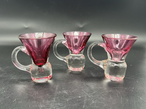 Set 3 Bicchieri Vintage Soffiati a Mano Cordials Shot Mirtillo Trasparente Manico Applicato - Foto 2 di 13