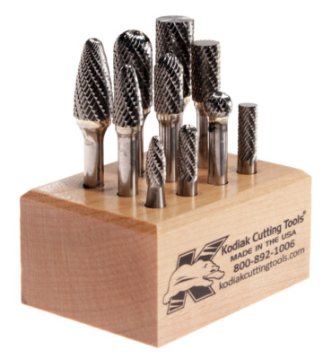 10 Pc Carbide Double Cut Bur Set Assorted Shape on 1/4'' HSS Shank with Stand