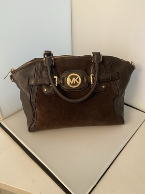 Michael Kors Hudson Dark Brown Suede/Leather Satchel Top Handle Bag, Gold HW