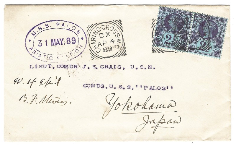 GB 2½d pair on  1889 cover to USS Palos, Yokohama, Japan - from BF Stevens