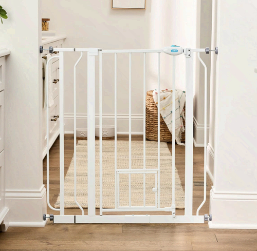 36" Extra Tall Walk Through Dog Gate | Metal Pet Gate w/ Small Door, White - Picture 6 of 11
