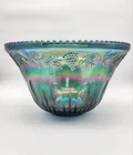Vintage Blue Carnival Glass Iridescent Grape & Cable Punch Bowl 12” x 7”