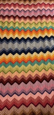 1970s Vintage Wool Afghan Throw Blanket Hand Crochet Chevron Ripple Mid Century
