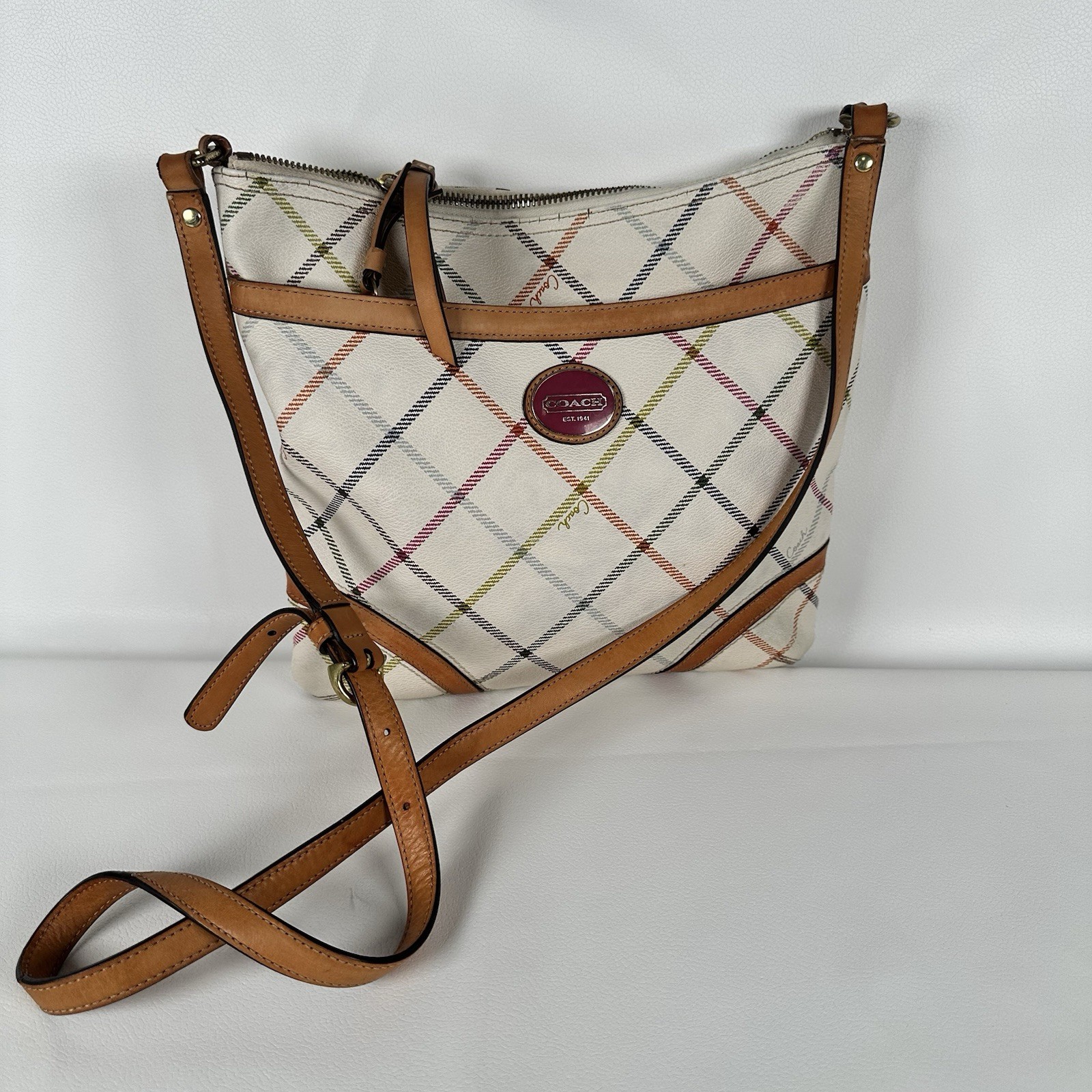 Coach Peyton Tattersall Plaid Coated Canvas Brown Leather Crossbody Bag