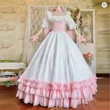 Victorian Pink White Wedding Dresses Bow Lace Square Tiered Ruffles Bridal Gown