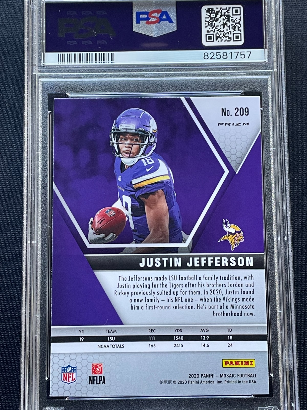 2020 Panini Mosaic Justin Jefferson Rookie RC #209 Silver Prizm PSA 10 view 2