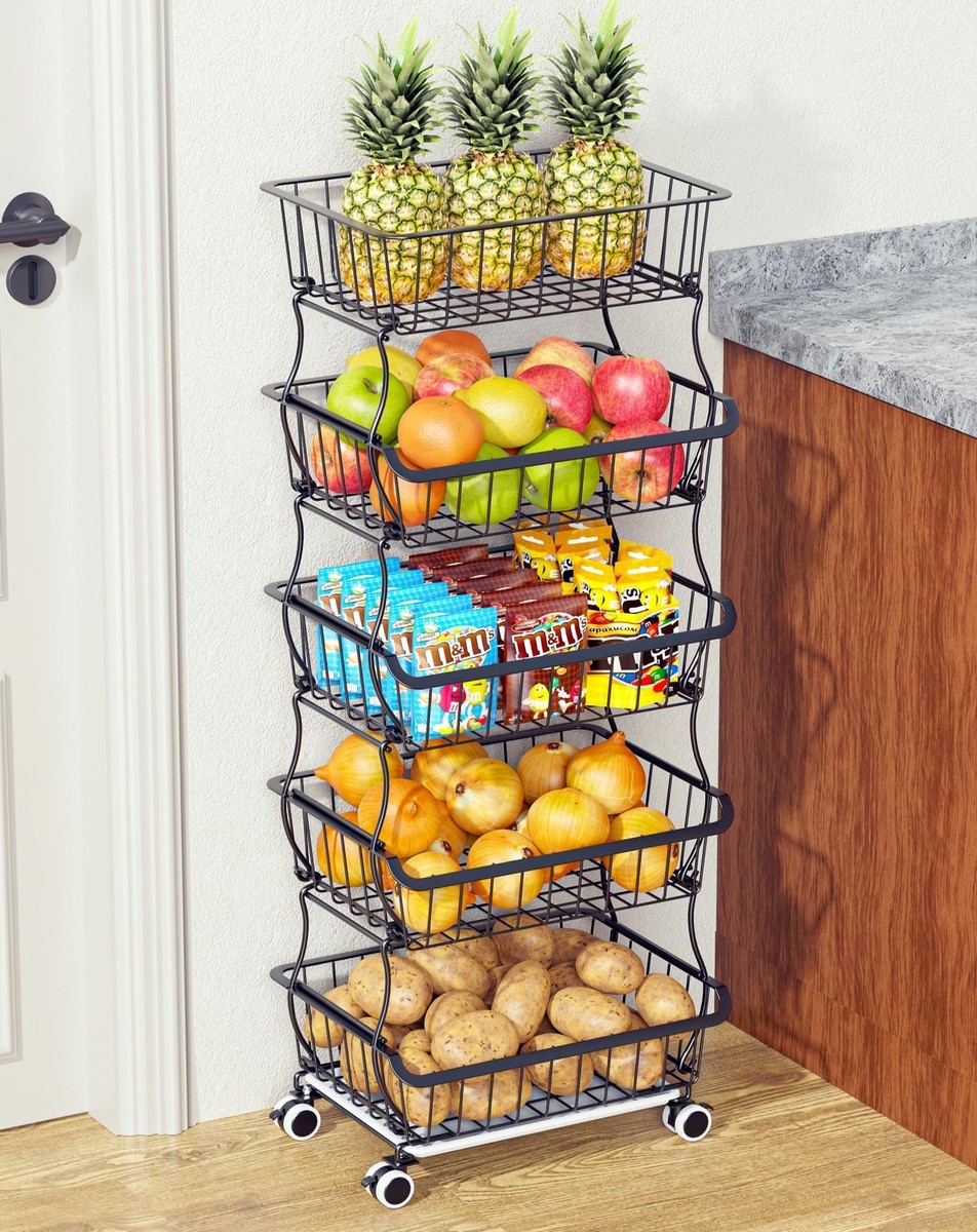5 Tier Fruit Basket for Kitchen Stackable Bins Wire Rack with