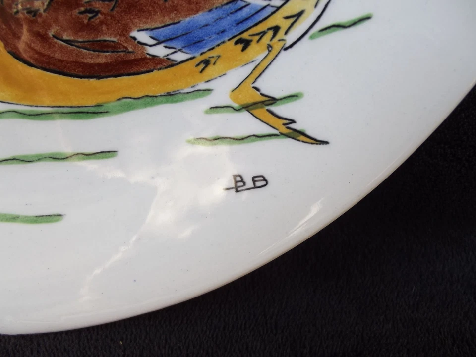 Ancienne assiette faience Gien décor d'oiseaux les canard Signé BB Gibier chasse - Photo 3/4