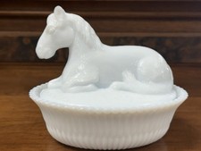 Horse on Nest, 5 Covered Dish, Pony Resting, Vintage White Milk glass